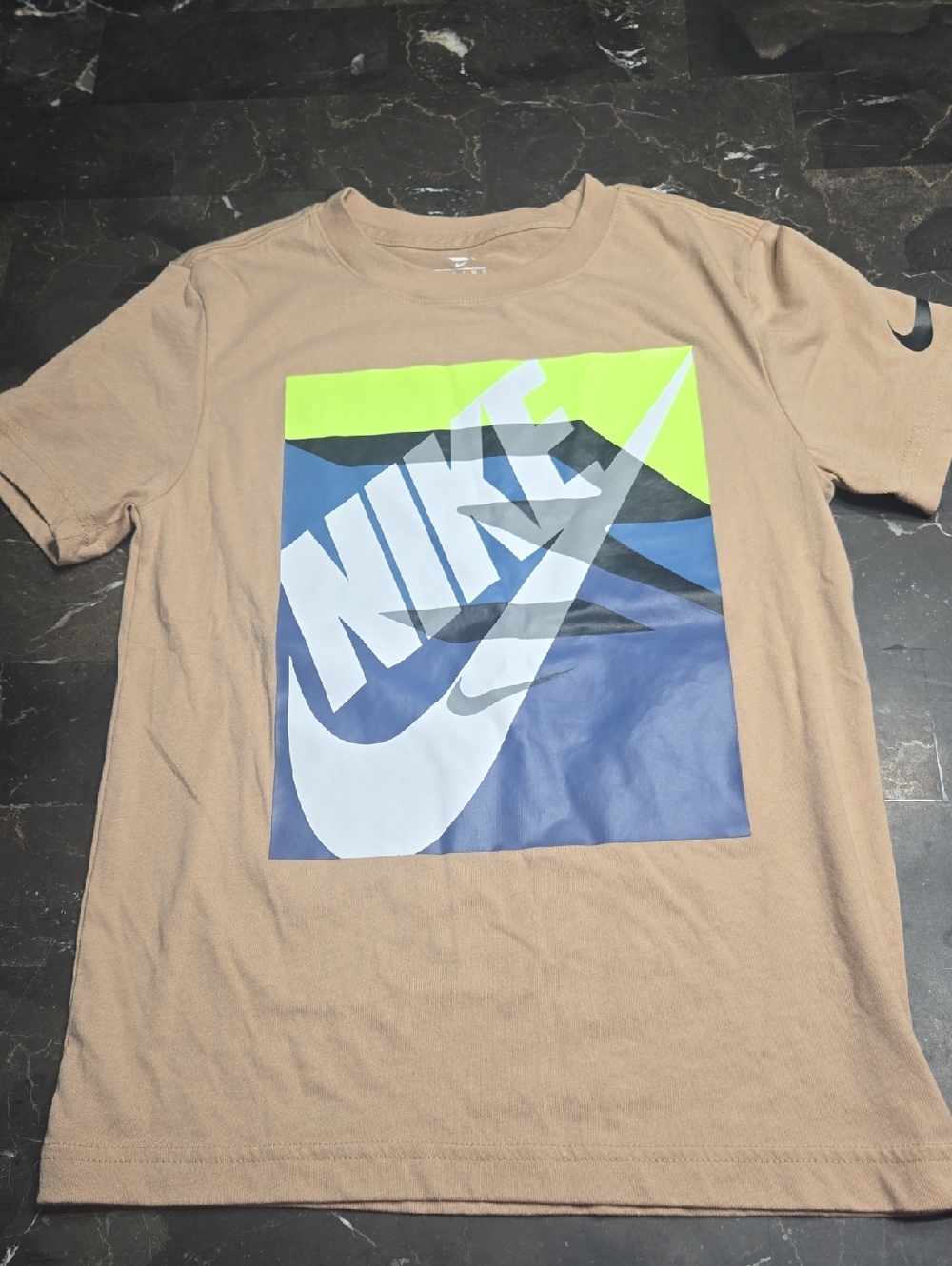 Nike Kids Tan Short Sleeve Tee with Blue, White & Neon Graphic